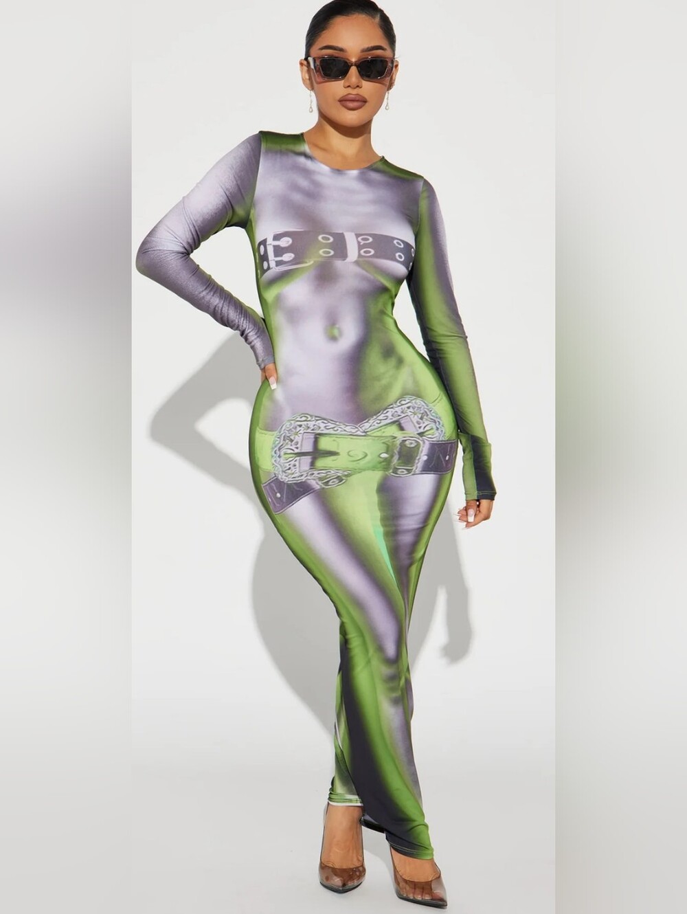 Fashion Nova Silver and Green Metallic Illusion Long Sleeve Maxi Dress 🔥 - Picture 2 of 6